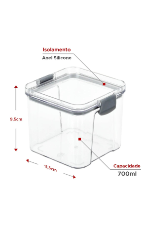 Pote Hermético Quadrado Transparente Com Trava - Cinza 700ml