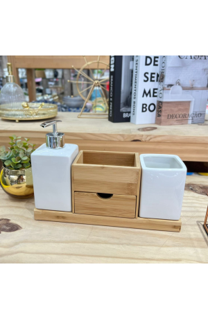 Jogo de Banheiro Branco 2 Peças de Porcelana e Suporte de Bambu
