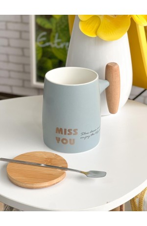 Caneca Azul de Cerâmica com Tampa de Bambu 350ml