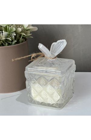 Vela Aromática com Castiçal Branco e Tampa com Borboleta