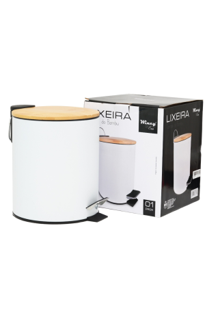 Lixeira 3L Branca com Tampa de Bambu com Pedal