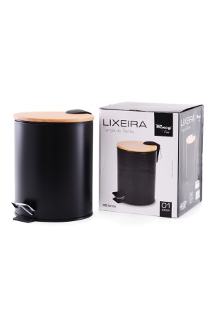 Lixeira 5L Preta com Tampa de Bambu com Pedal Lisa