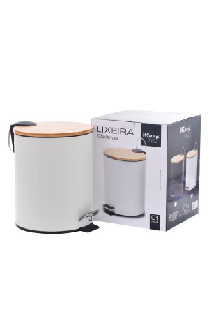  Lixeira 5L Branca com Tampa de Bambu com Pedal Canelada