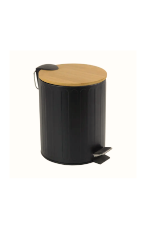 Lixeira 5L Preta com Tampa de Bambu com Pedal Canelada
