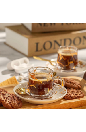 Xicara de Vidro com  Pires de Porcelana Marmorizada - 60ml