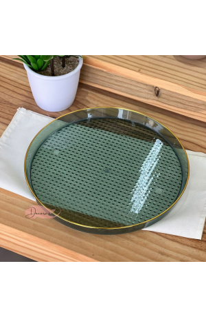 Bandeja Verde Redonda com borda Dourada  - (P)