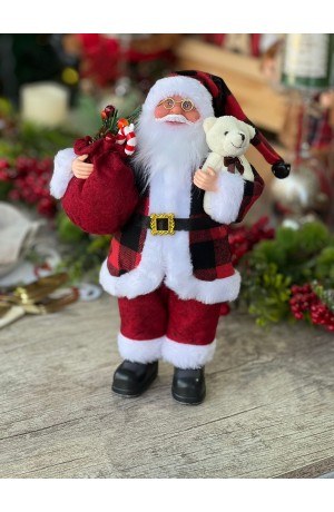 Papai Noel Decorativo 30cm com Camisa Xadrez e ursinho
