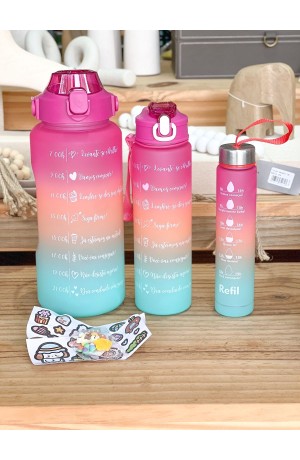 Kit 3 Garrafas Pink - com Frases Motivacionais  - 2L/750ml/300ml