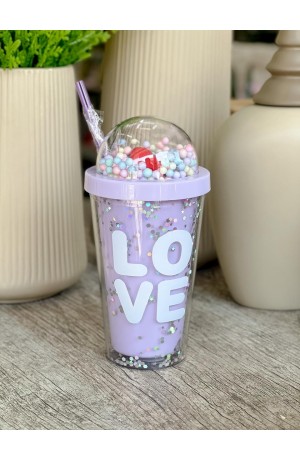 Copo de Plástico com Canudo Lilás - Love 450ml