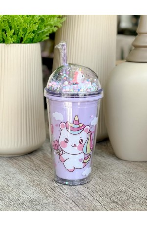 Copo Unicórnio de Plástico com Canudo Mod.1 Roxa  - 450ml