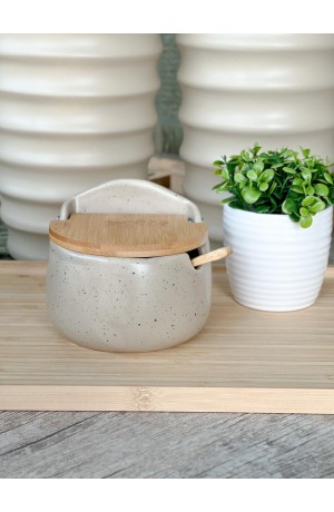 Saleiro Bege de Cerâmica com Tampa de Bambu - Grano 9,7cm X 11cm