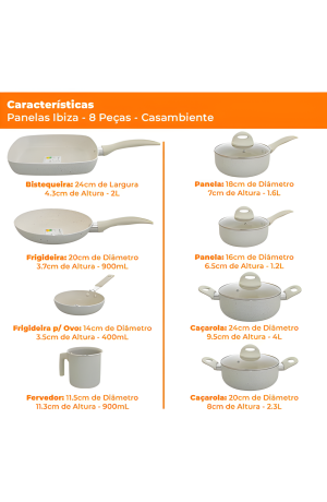 Jogo de Panelas Antiaderente Cerâmica Vanilla Ibiza 8 Peças