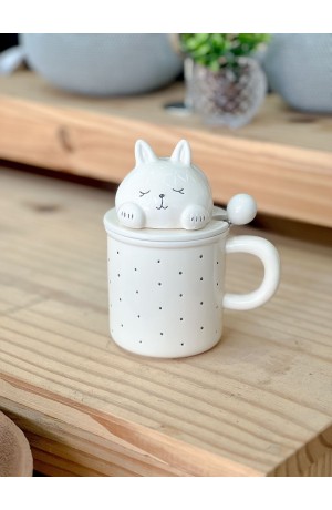 Caneca de Cerâmica Coelho c/ Tampa e Colher - 400ml
