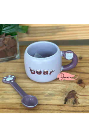 Caneca de Cerâmica Roxo c/ Colher - Urso 400ml