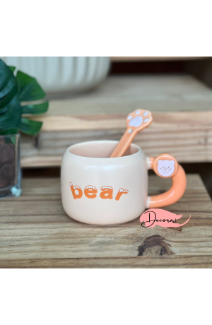 Caneca de Cerâmica Laranja c/ Colher - Urso 400ml