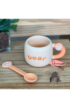 Caneca de Cerâmica Laranja c/ Colher - Urso 400ml