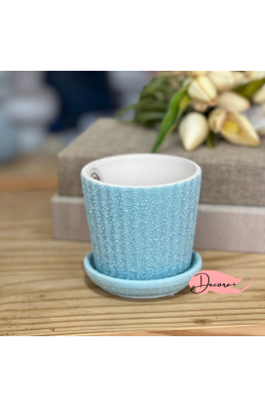 Vaso de Cerâmica Texturizado com Prato Azul Claro  - 10cm X 10cm