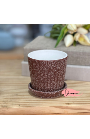 Vaso de Cerâmica Texturizado com Prato Marrom  - 10cm X 10cm