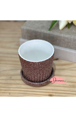 Vaso de Cerâmica Texturizado com Prato Marrom  - 10cm X 10cm
