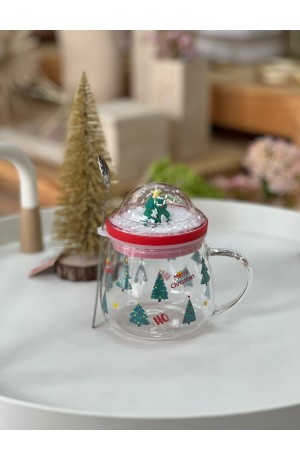 Caneca de Vidro com Colher e Tampa 400ml -  Árvore de Natal