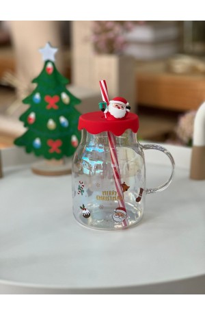 Copo de Vidro Furta-cor com Tampa Vermelha e Canudo 530ml - Noel