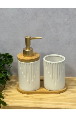 Kit de Banheiro Branco de Porcelana e Bambu - 3 Peças