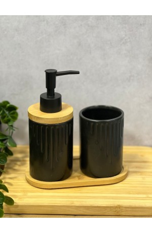 Kit de Banheiro Preto de Porcelana e Bambu - 3 Peças