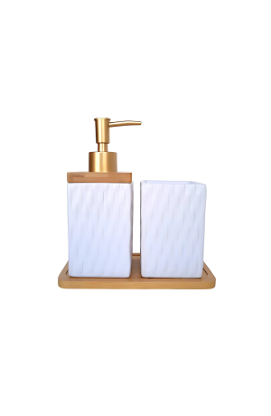 Kit de Banheiro Branco de Porcelana e Bambu - 3 Peças