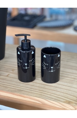 Kit de Banheiro Gatinho Preto de Porcelana - 2 Peças