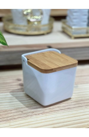 Saleiro de Mesa de Cerâmica com Tampa de Madeira Bianco