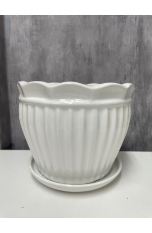 Vaso de Cerâmica com Pratinho Branco com Listras Verticais 15cm