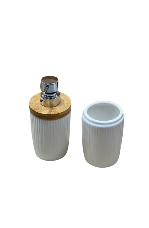 Jogo de Banhiro Branco com Tampa em Bambu  Porcelana com 2 Peças