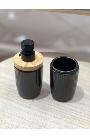  Jogo de Banheiro Preto com Tampa de Bambu 2 peças