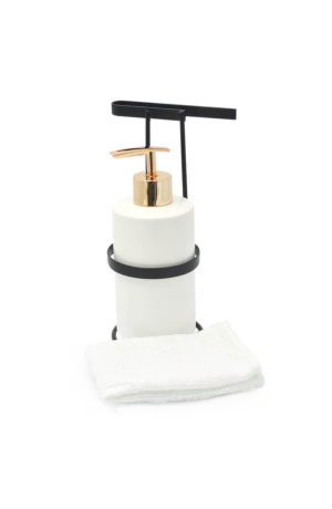 Porta Sabonete Liquido Branco com Suporte de Toalha em Metal e Porcelana